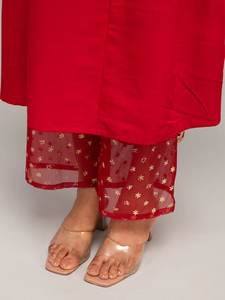 Red Crepe A Line Foil Print Suit Set with Organza Dupatta