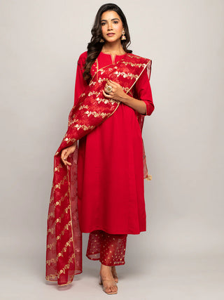 Red Crepe A Line Foil Print Suit Set with Organza Dupatta