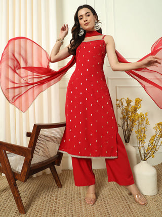 Red Crepe Gold Foil Print Suit Set wit Chinon Dupatta