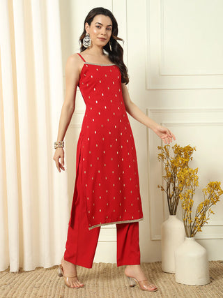 Red Crepe Gold Foil Print Suit Set wit Chinon Dupatta