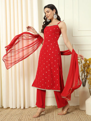 Red Crepe Gold Foil Print Suit Set wit Chinon Dupatta