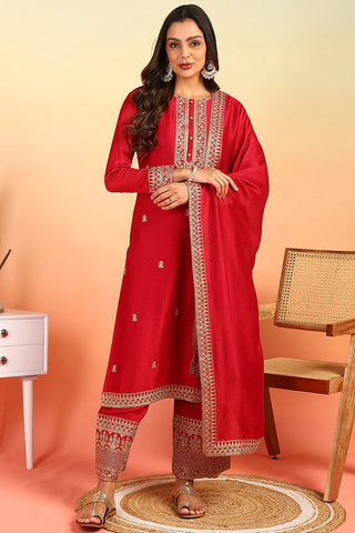 Red Silk Blend Embroidered Straight Shape Suit Set with Dupatta