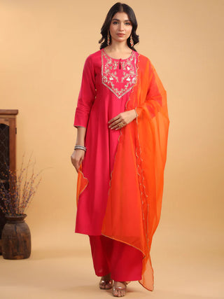 Pink Silk Blend Yoke Embroidered Anarkali Suit Set with Dupatta