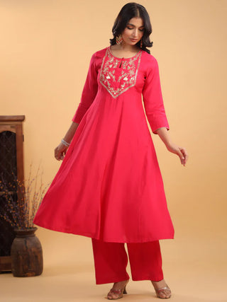 Pink Silk Blend Yoke Embroidered Anarkali Suit Set with Dupatta