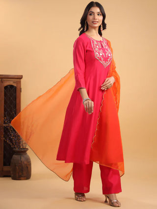 Pink Silk Blend Yoke Embroidered Anarkali Suit Set with Dupatta