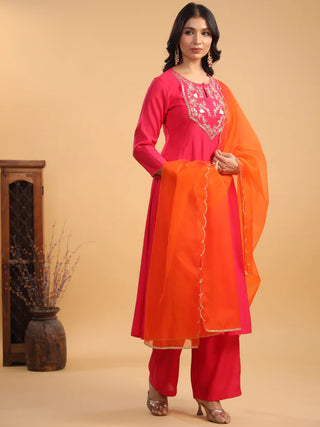 Pink Silk Blend Yoke Embroidered Anarkali Suit Set with Dupatta