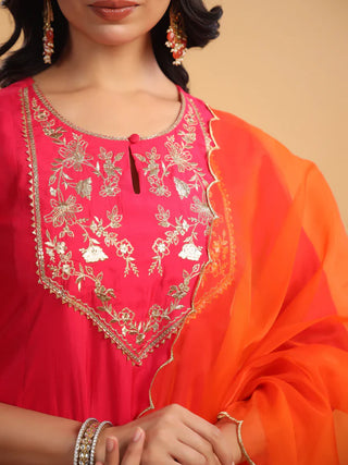 Pink Silk Blend Yoke Embroidered Anarkali Suit Set with Dupatta