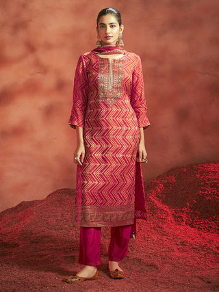 Red Tissue Silk Chevron Jacquard Straight Shape Kurta with Viscose Bottom and an Organza Dupatta