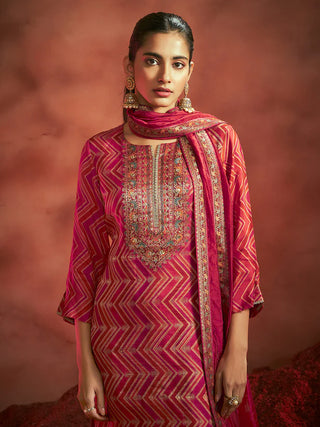 Red Tissue Silk Chevron Jacquard Straight Shape Kurta with Viscose Bottom and an Organza Dupatta