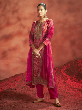 Red Tissue Silk Chevron Jacquard Straight Shape Kurta with Viscose Bottom and an Organza Dupatta