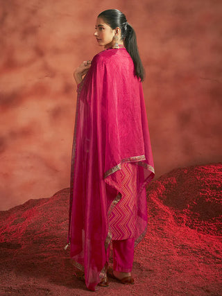 Red Tissue Silk Chevron Jacquard Straight Shape Kurta with Viscose Bottom and an Organza Dupatta