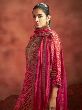 Red Tissue Silk Chevron Jacquard Straight Shape Kurta with Viscose Bottom and an Organza Dupatta