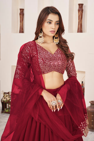 Red Georgette Sequins & Zari Detailing Lehenga Choli Set