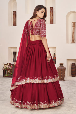 Red Georgette Sequins & Zari Detailing Lehenga Choli Set