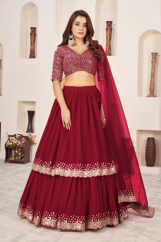 Red Georgette Sequins & Zari Detailing Lehenga Choli Set