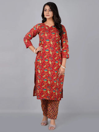 Red Cotton Printed & Thread Detailing Kurta Pant Set