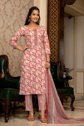 Red Rayon Blend Paisley Print Suit Set with Dupatta