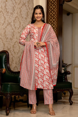 Red Rayon Blend Paisley Print Suit Set with Dupatta