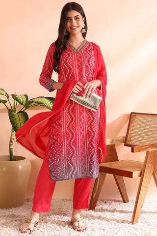 Red Silk Blend Bandhani Print Straight Shape Suit Set with Dupatta