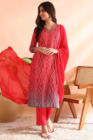 Red Silk Blend Bandhani Print Straight Shape Suit Set with Dupatta