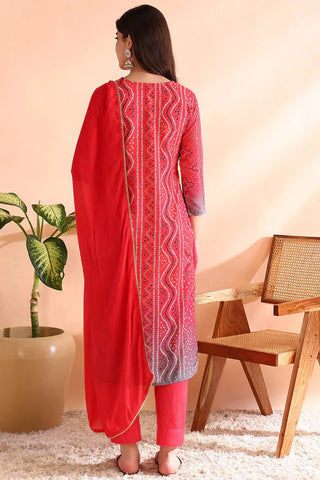 Red Silk Blend Bandhani Print Straight Shape Suit Set with Dupatta