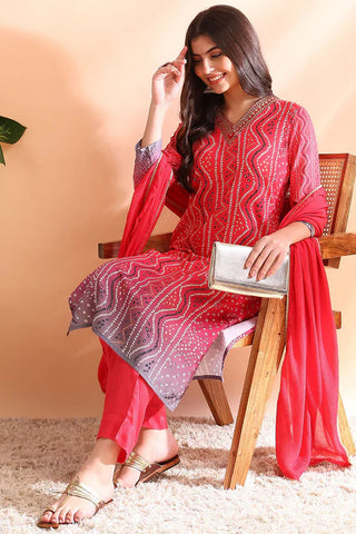 Red Silk Blend Bandhani Print Straight Shape Suit Set with Dupatta