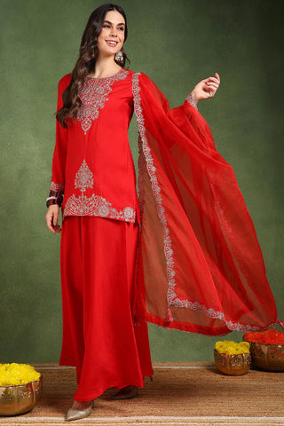 Red Silk Blend Embroidered Kurta Palazzo Set with Organza Dupatta