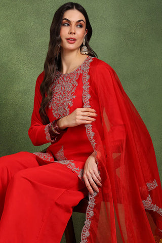 Red Silk Blend Embroidered Kurta Palazzo Set with Organza Dupatta