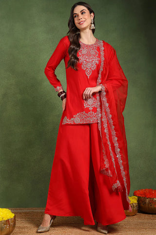 Red Silk Blend Embroidered Kurta Palazzo Set with Organza Dupatta