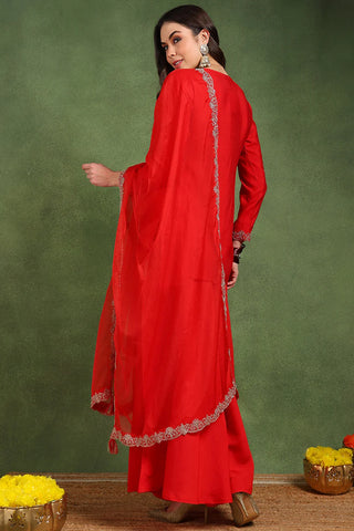 Red Silk Blend Embroidered Kurta Palazzo Set with Organza Dupatta