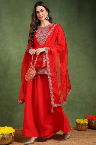 Red Silk Blend Embroidered Kurta Palazzo Set with Organza Dupatta