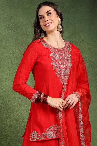 Red Silk Blend Embroidered Kurta Palazzo Set with Organza Dupatta