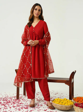 Red Solid Silk Blend Nyra Cut Suit Set with Embroidered Organza Dupatta