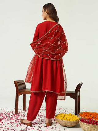 Red Solid Silk Blend Nyra Cut Suit Set with Embroidered Organza Dupatta