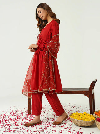 Red Solid Silk Blend Nyra Cut Suit Set with Embroidered Organza Dupatta