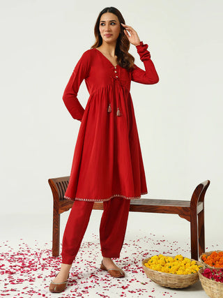 Red Solid Silk Blend Nyra Cut Suit Set with Embroidered Organza Dupatta