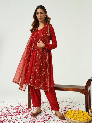 Red Solid Silk Blend Nyra Cut Suit Set with Embroidered Organza Dupatta