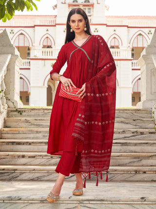 Red Silk Blend Stonework A Line Alia Cut Suit Set with Art Silk Printed Dupatta