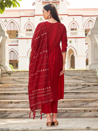 Red Silk Blend Stonework A Line Alia Cut Suit Set with Art Silk Printed Dupatta