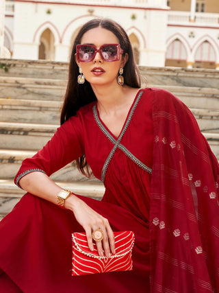 Red Silk Blend Stonework A Line Alia Cut Suit Set with Art Silk Printed Dupatta