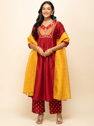 Red Silk Blend Embroidered & Foil Print with Yellow Organza Dupatta