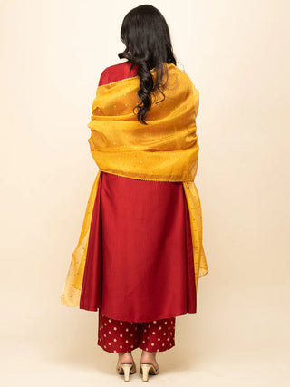 Red Silk Blend Embroidered & Foil Print with Yellow Organza Dupatta