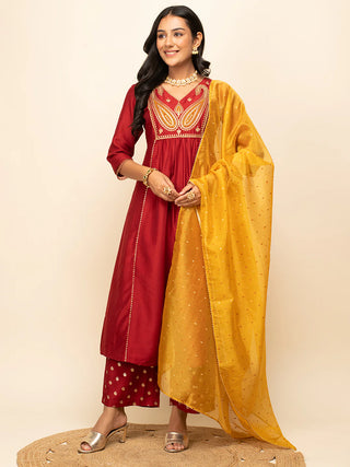 Red Silk Blend Embroidered & Foil Print with Yellow Organza Dupatta