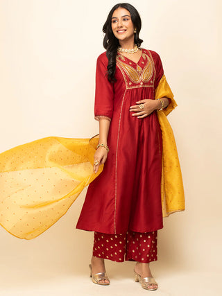 Red Silk Blend Embroidered & Foil Print with Yellow Organza Dupatta