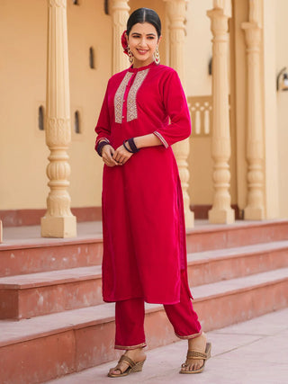 Red Velvet Zari Work Kurta Trouser Set 