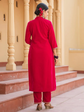 Red Velvet Zari Work Kurta Trouser Set 