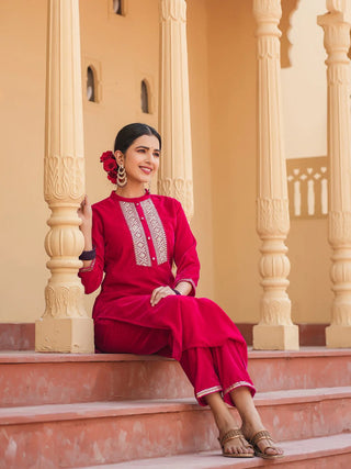 Red Velvet Zari Work Kurta Trouser Set 