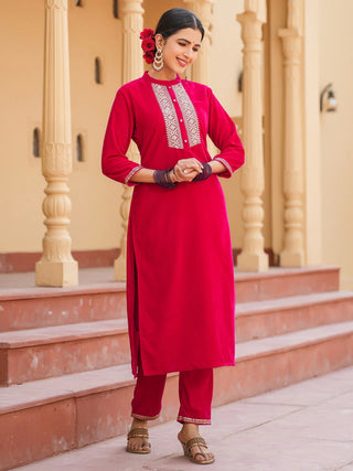 Red Velvet Zari Work Kurta Trouser Set 