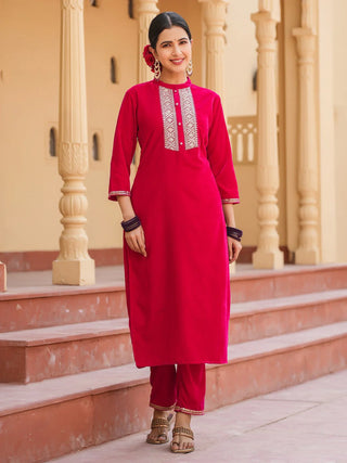 Red Velvet Zari Work Kurta Trouser Set 