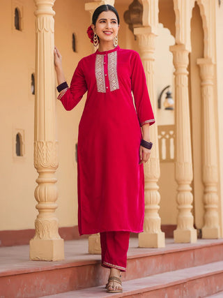 Red Velvet Zari Work Kurta Trouser Set 